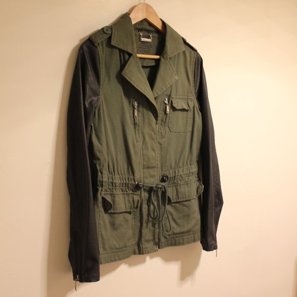 Vintage Black Leather & Green Military Jacket - Picture 2 of 5